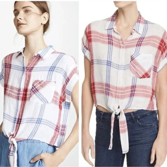 Rails Amelie Linen Plaid Tie Front Crop Button Down Top Red White Blue Size XS - Picture 2 of 6